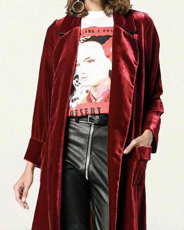 calf length red notched lapel velvet outerwear