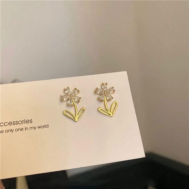 beautiful cz flowers leaves 925 sterling silver stud earrings
