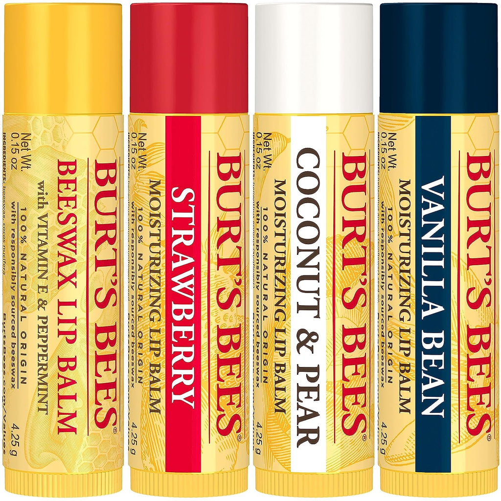 Burt's Bees Lip Balm, Moisturizing Lip Care, for All Day Hydration, 100% Natural, Original Beeswax, Strawberry, Coconut &amp; Pear &amp; Vanilla (4 Pack)