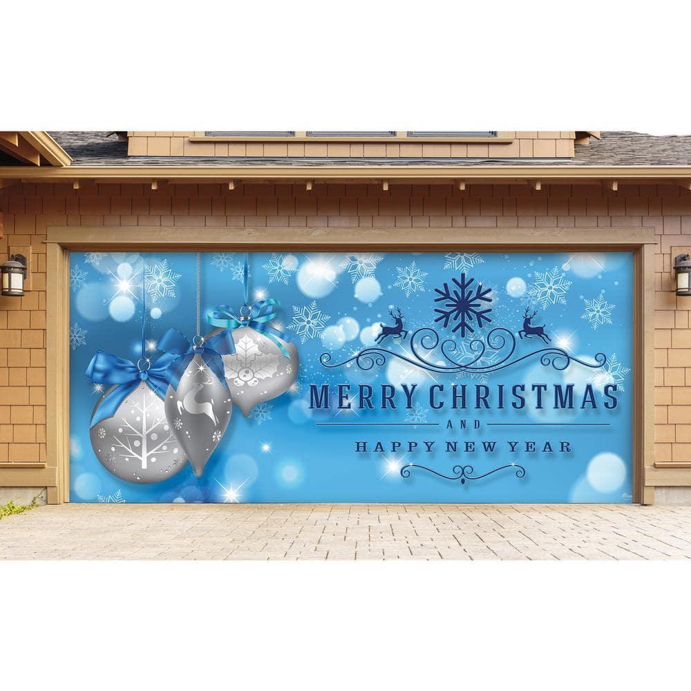 7 ft. x 16 ft. Silver Christmas Ornaments on Blue Christmas GaraDoor Decor Mural for Double Car Garage