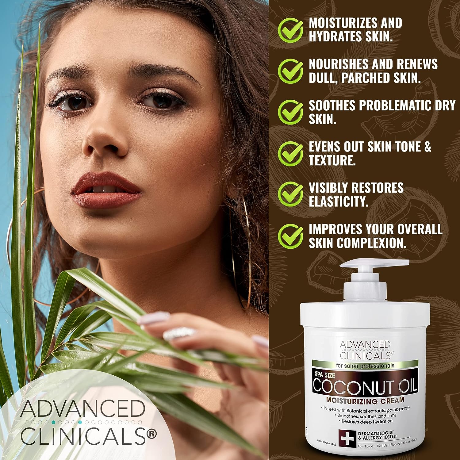 Advanced Clinicals Coconut Body Lotion Moisturizing Cream &amp; Face Lotion | Coconut Oil Lotion For Women &amp; Men | Natural Coconut Cream Moisturizer Body Butter Skin Care Balm For Dry Skin, Large 16 Oz