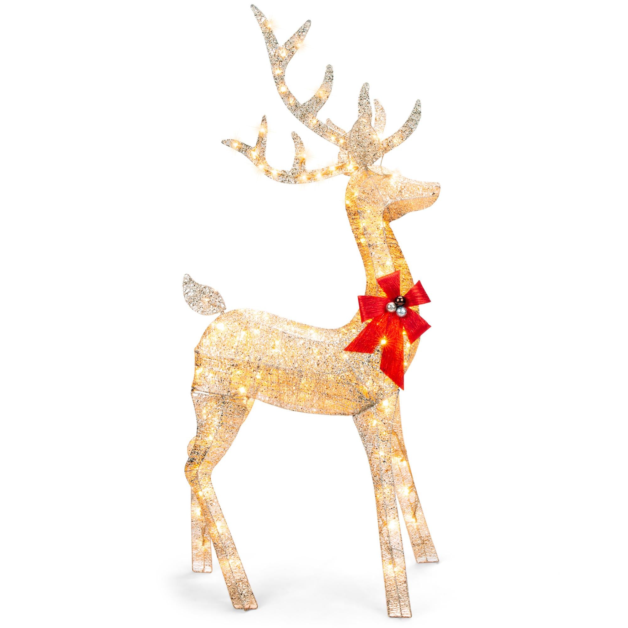 5ft Pre-Lit Reindeer Yard Christmas Decoration, Gold Holiday Deer w/ 150 Lights, Stakes, Zip Ties