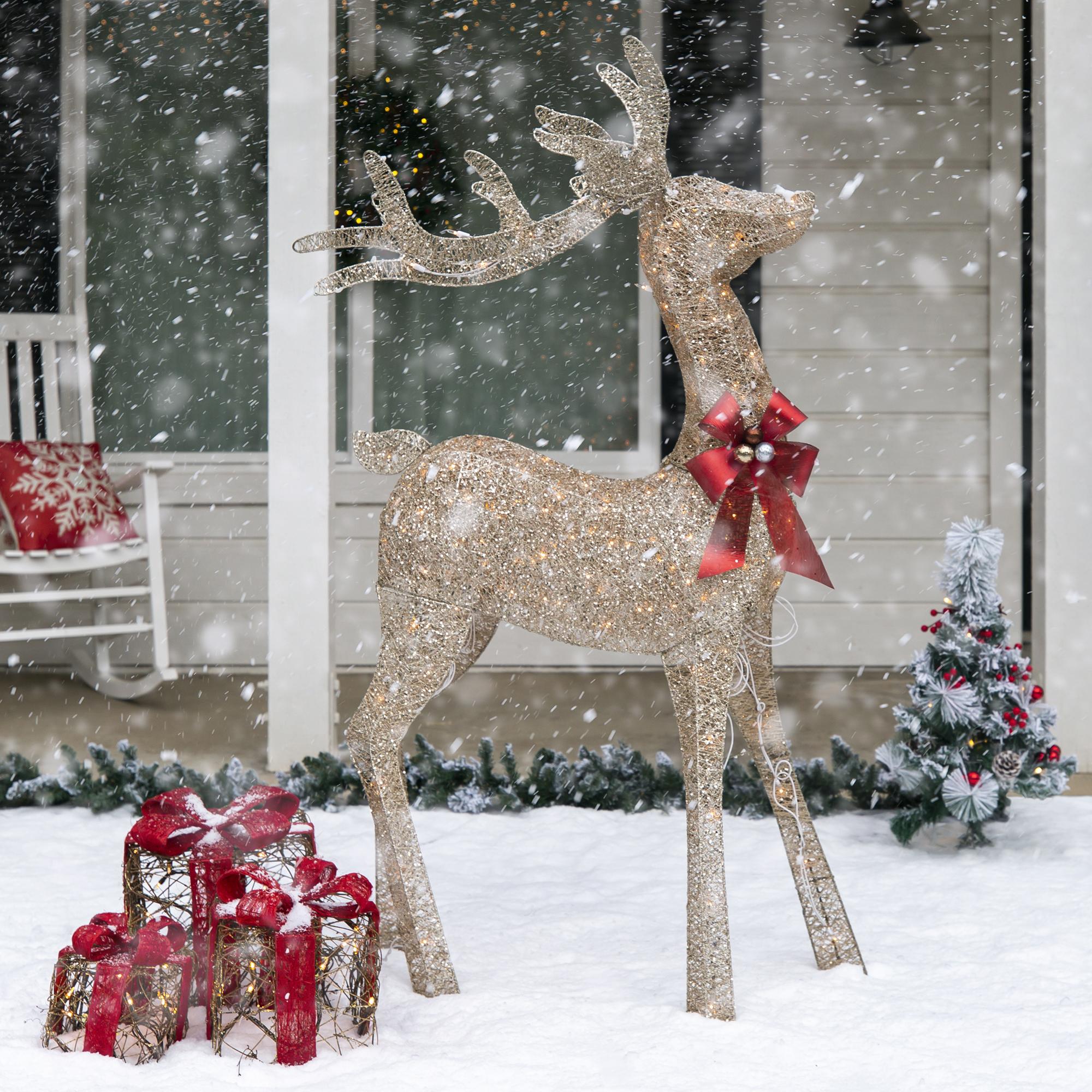 5ft Pre-Lit Reindeer Yard Christmas Decoration, Gold Holiday Deer w/ 150 Lights, Stakes, Zip Ties