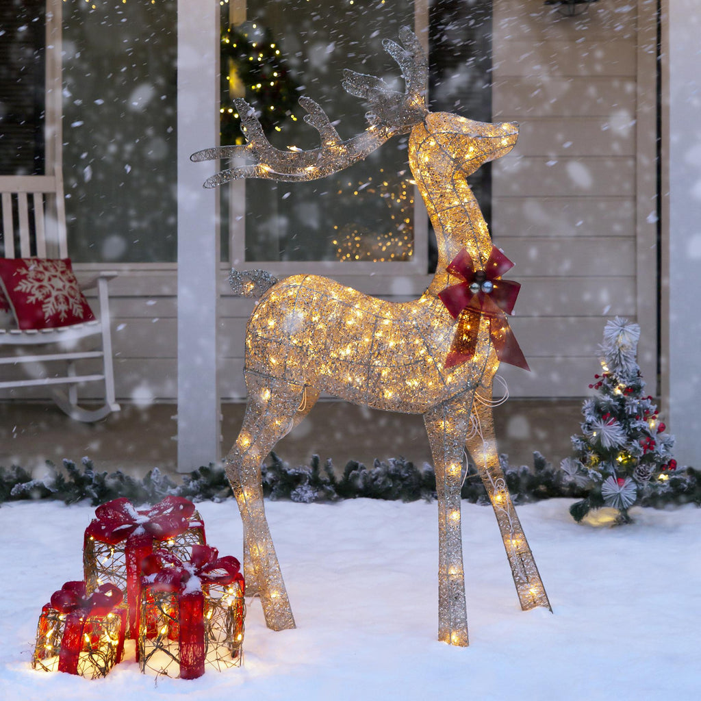 5ft Pre-Lit Reindeer Yard Christmas Decoration, Gold Holiday Deer w/ 150 Lights, Stakes, Zip Ties