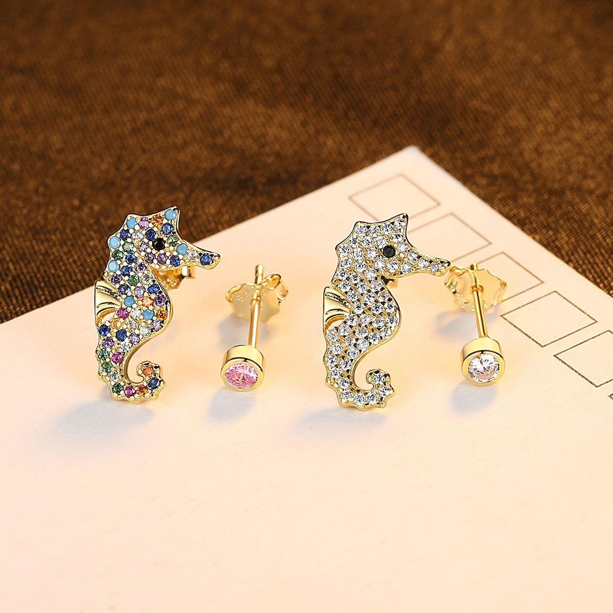 asymmetry colorful cz hippocampus 925 sterling silver stud earrings