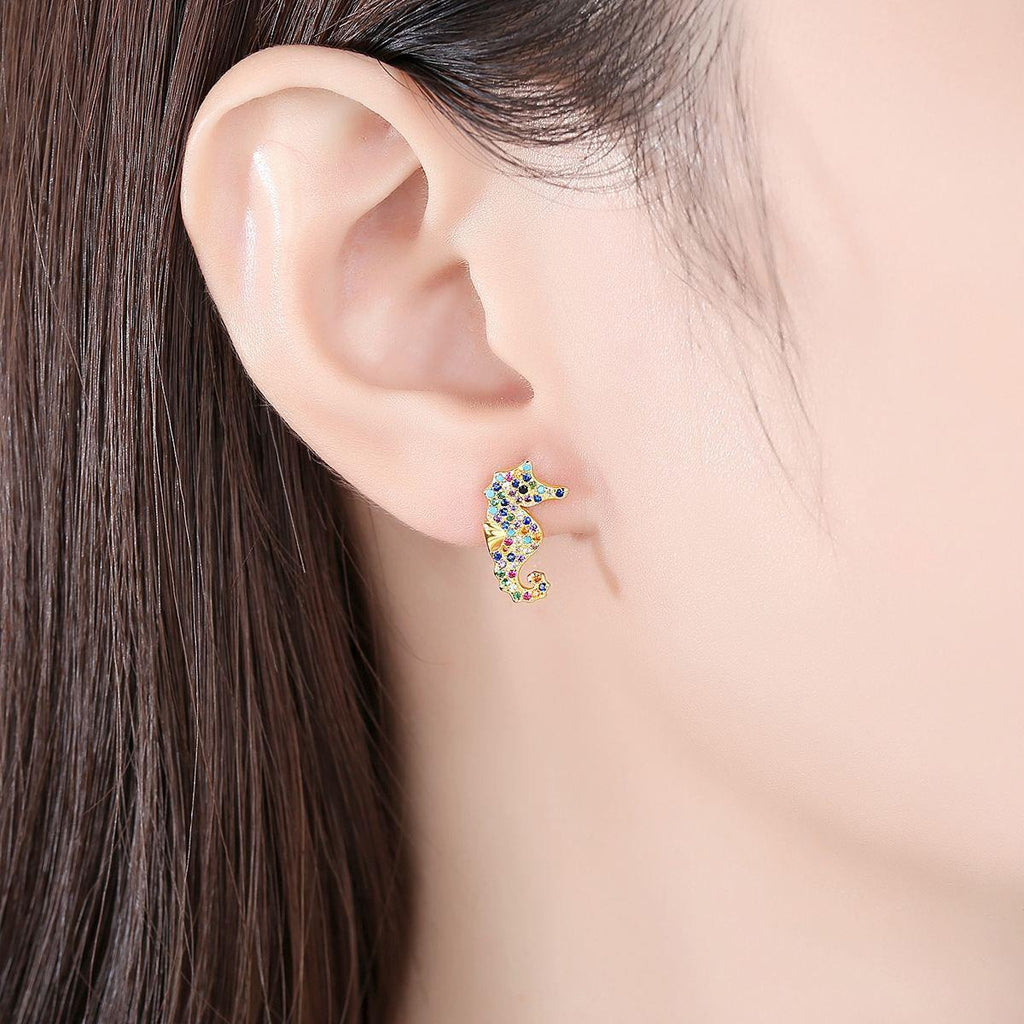 asymmetry colorful cz hippocampus 925 sterling silver stud earrings