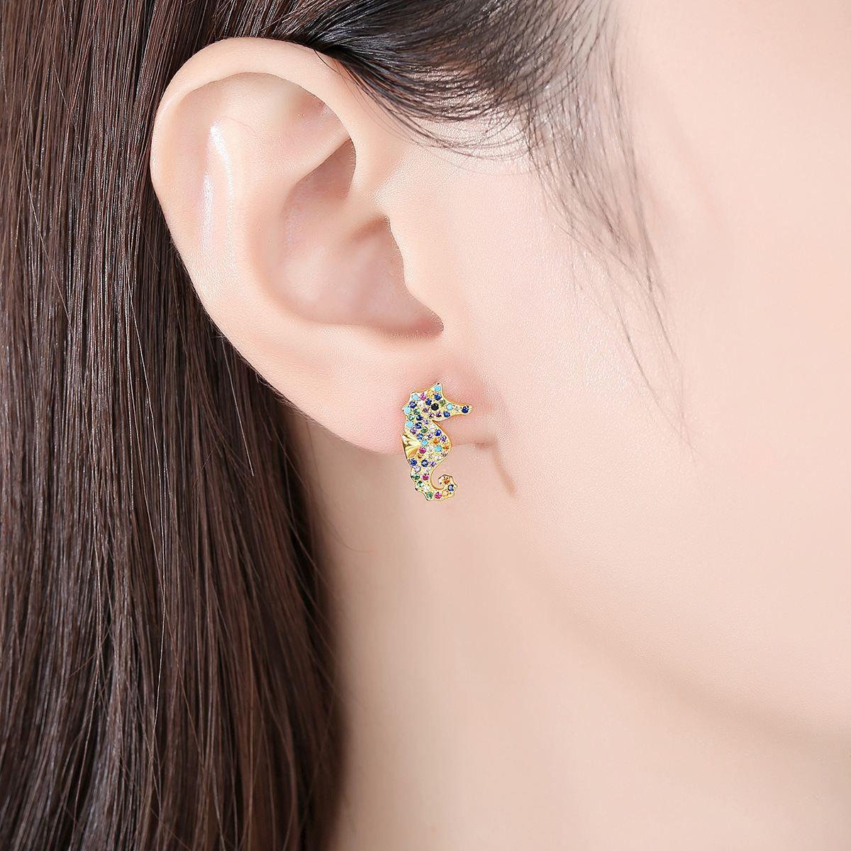 asymmetry colorful cz hippocampus 925 sterling silver stud earrings