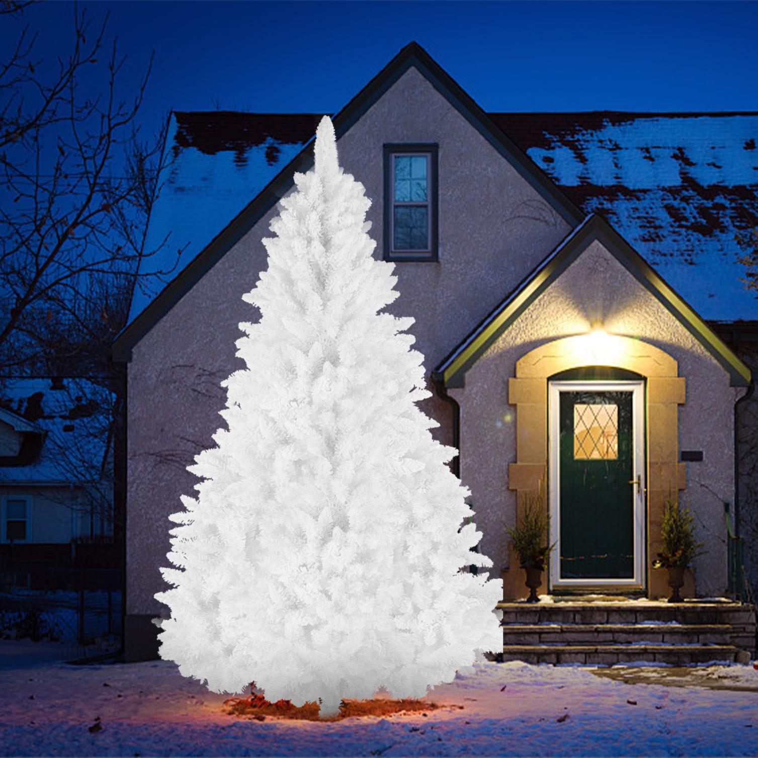 8ft White Artificial Snow Flocked Christmas Tree, Premium Unlit Spruce Full Tree, with Metal Stand, Easy Assembly, for Indoor and Outdoor Use