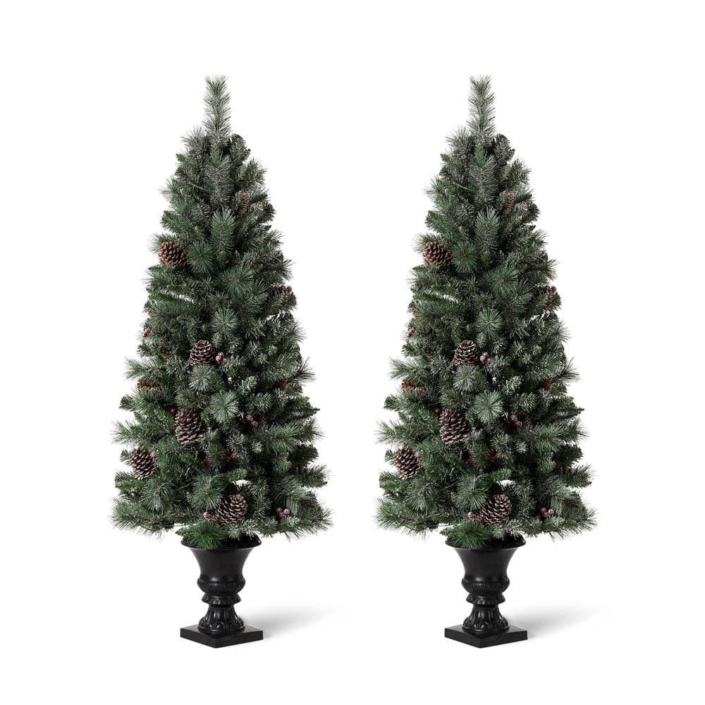 5 ft. Pre-Lit Flocked Pine Artificial Christmas Tree with 130 Warm White Lights (Set of 2)