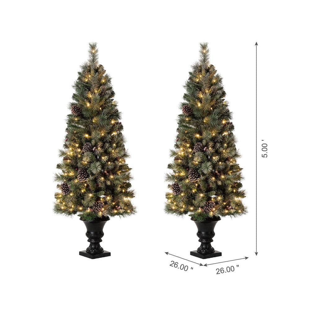 5 ft. Pre-Lit Flocked Pine Artificial Christmas Tree with 130 Warm White Lights (Set of 2)