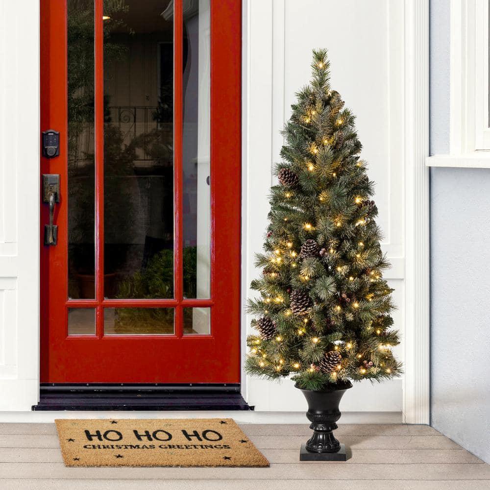 5 ft. Pre-Lit Flocked Pine Artificial Christmas Tree with 130 Warm White Lights (Set of 2)