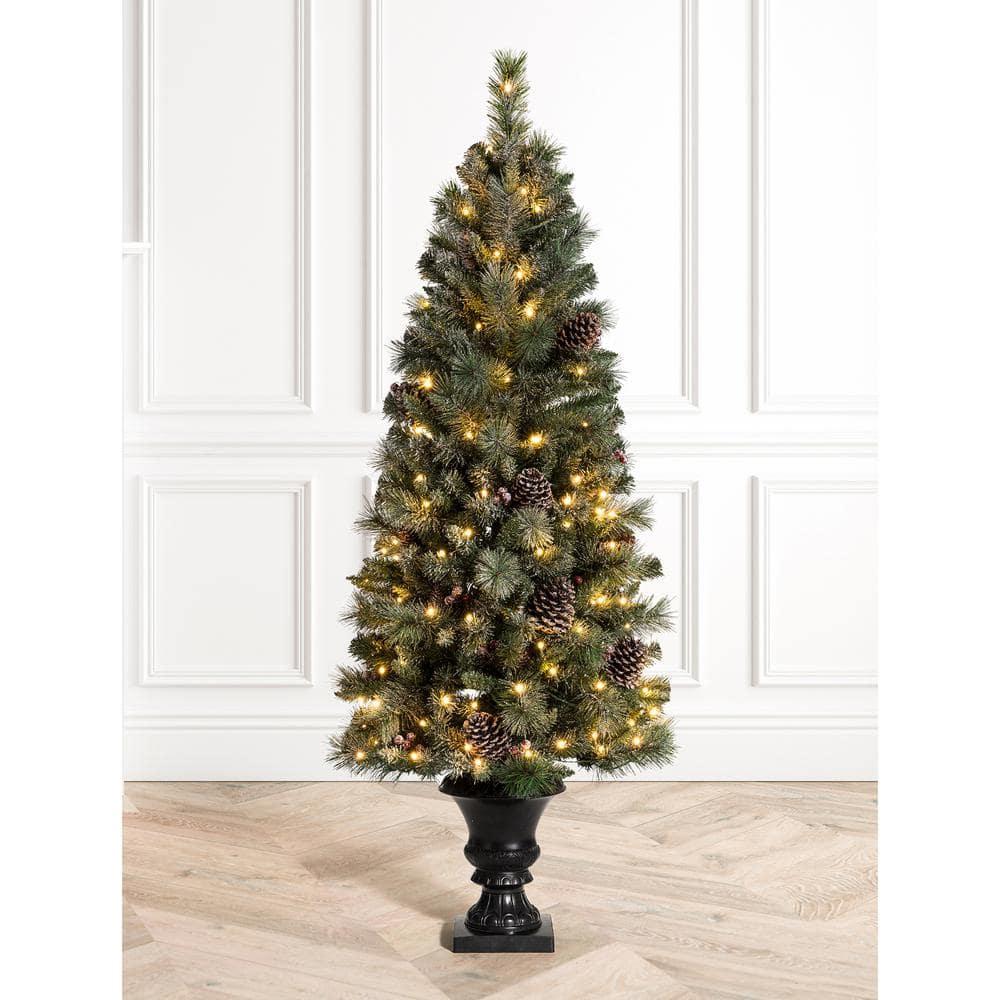 5 ft. Pre-Lit Flocked Pine Artificial Christmas Tree with 130 Warm White Lights (Set of 2)