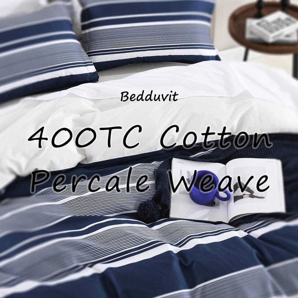 Bedduvit Navy Duvet Cover Queen - Cotton Duvet Cover Queen Size,3 Piece Percale Striped Duvet Cover Queen Sets,Simple Modern Queen Duvet Cover with Zipper Closure &amp; 8 Ties