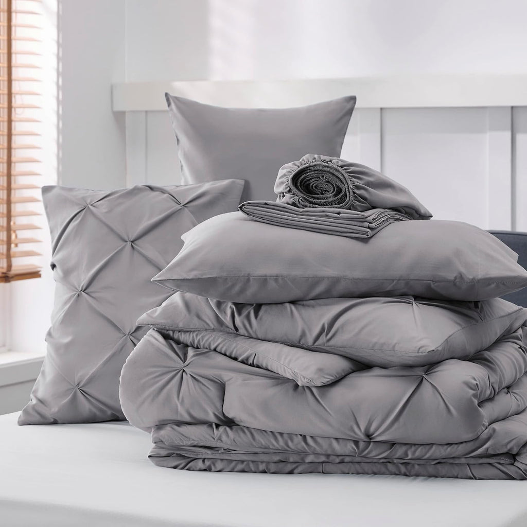 Bedsure Queen Comforter Set - 7 Pieces Comforters Queen Size Grey, Pintuck Bedding Sets Queen for All Season, Bed in a Bag with Flat Sheet and Fitted Sheet, Pillowcases &amp; Shams