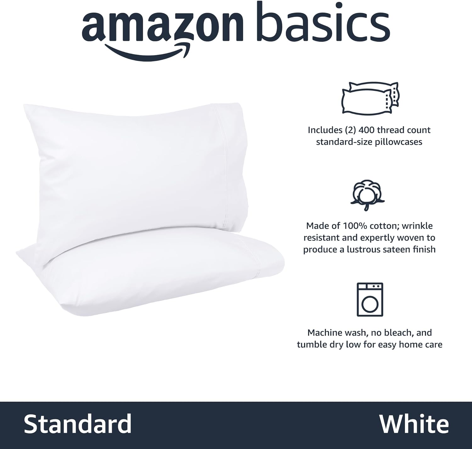 Basics 400 Thread Count Cotton Pillow Case, Standard, 30" L x 20" W, White - Set of 2