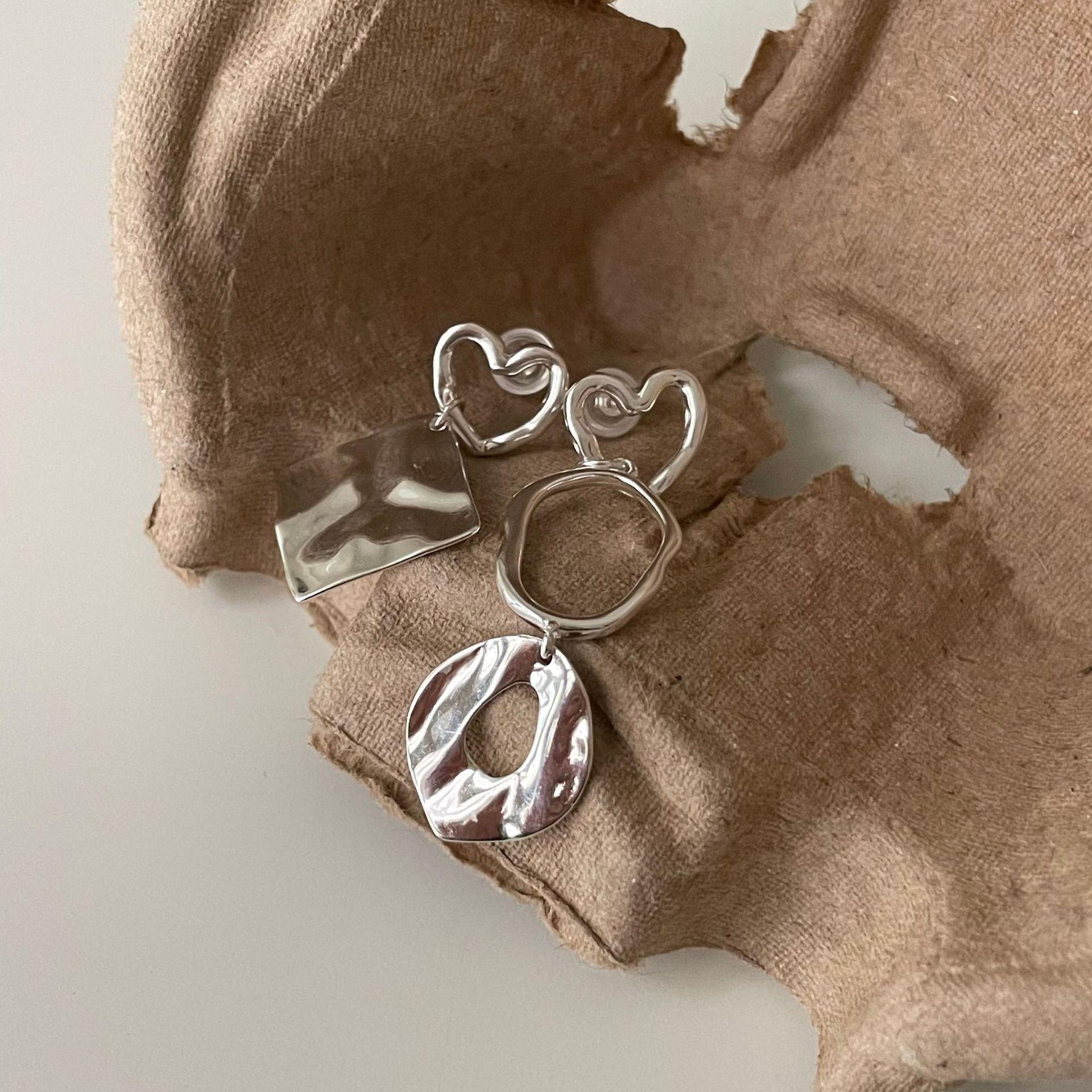 asymmetry geometry hollow heart 925 sterling silver dangling earrings