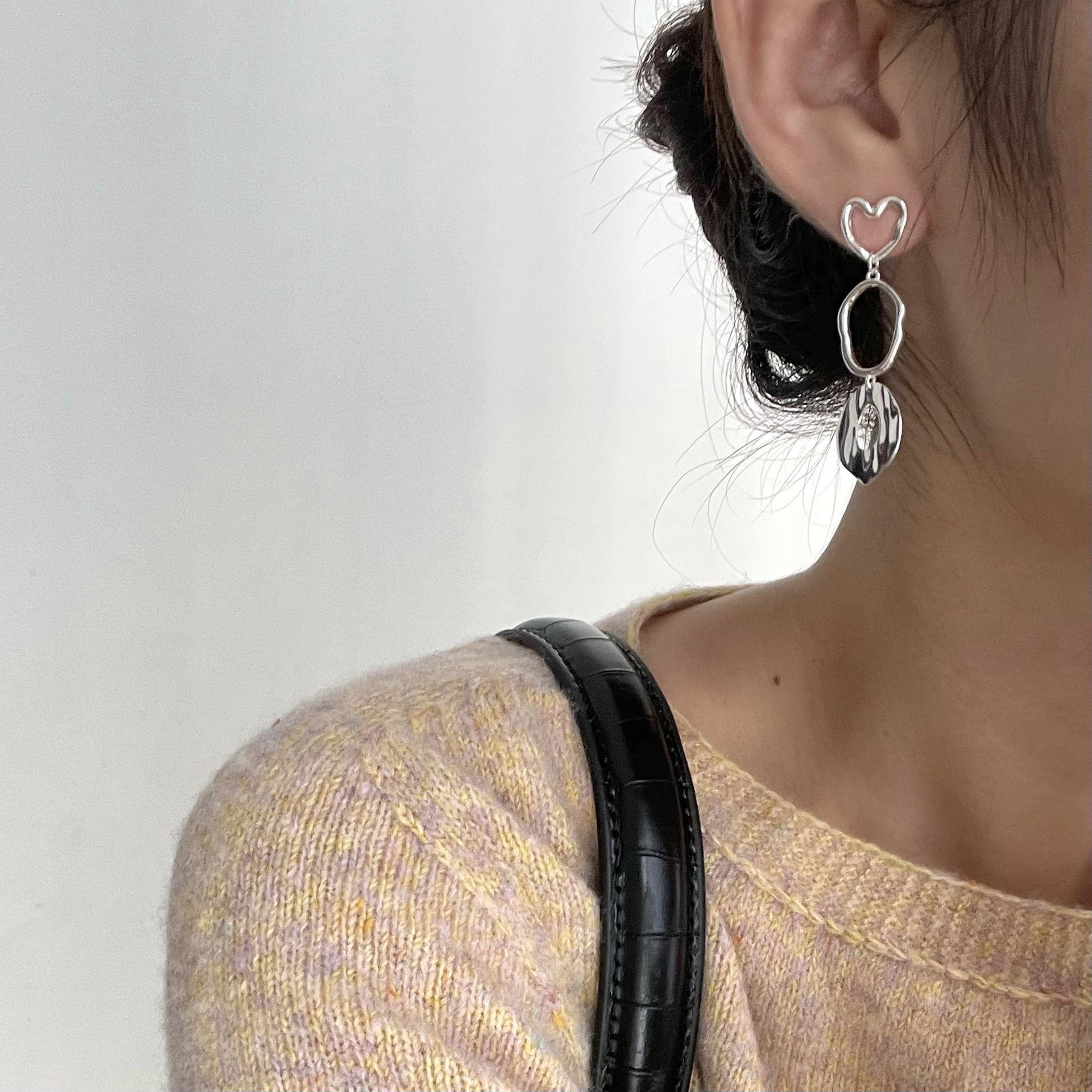 asymmetry geometry hollow heart 925 sterling silver dangling earrings