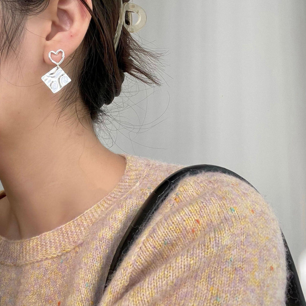 asymmetry geometry hollow heart 925 sterling silver dangling earrings