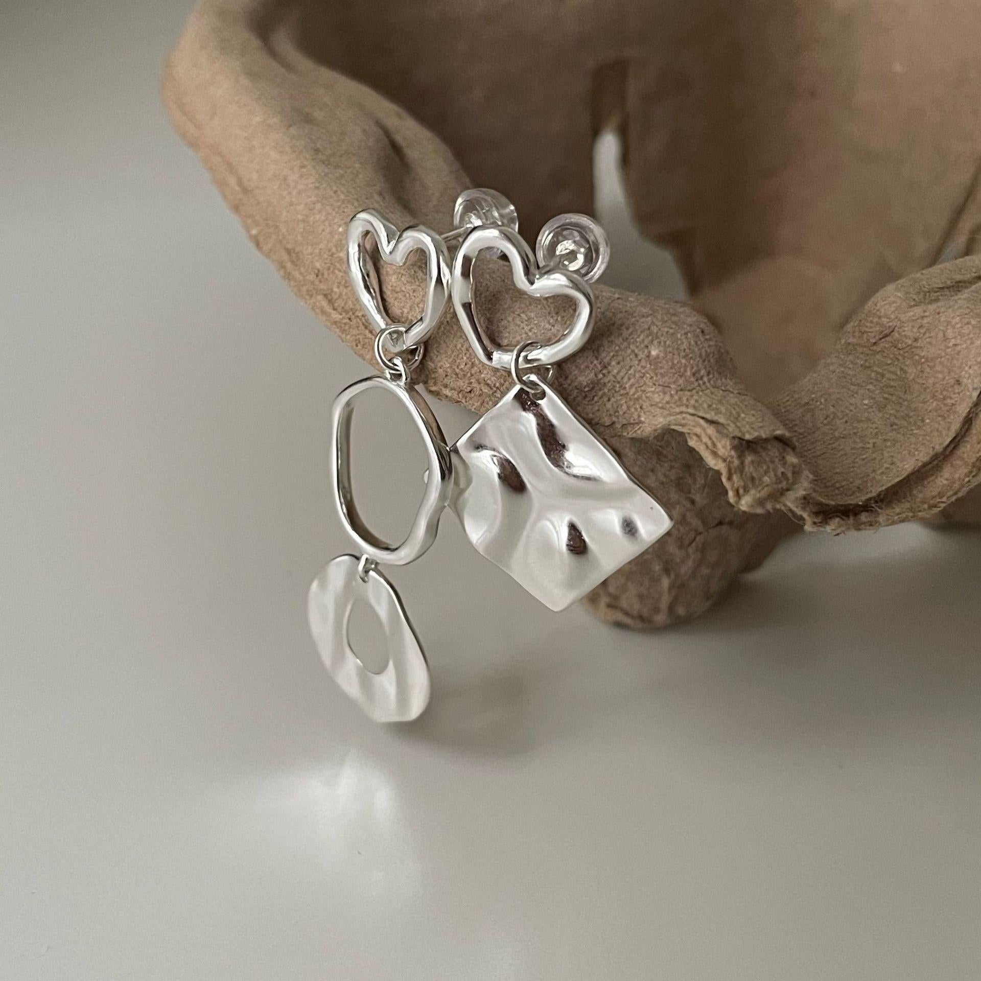 asymmetry geometry hollow heart 925 sterling silver dangling earrings