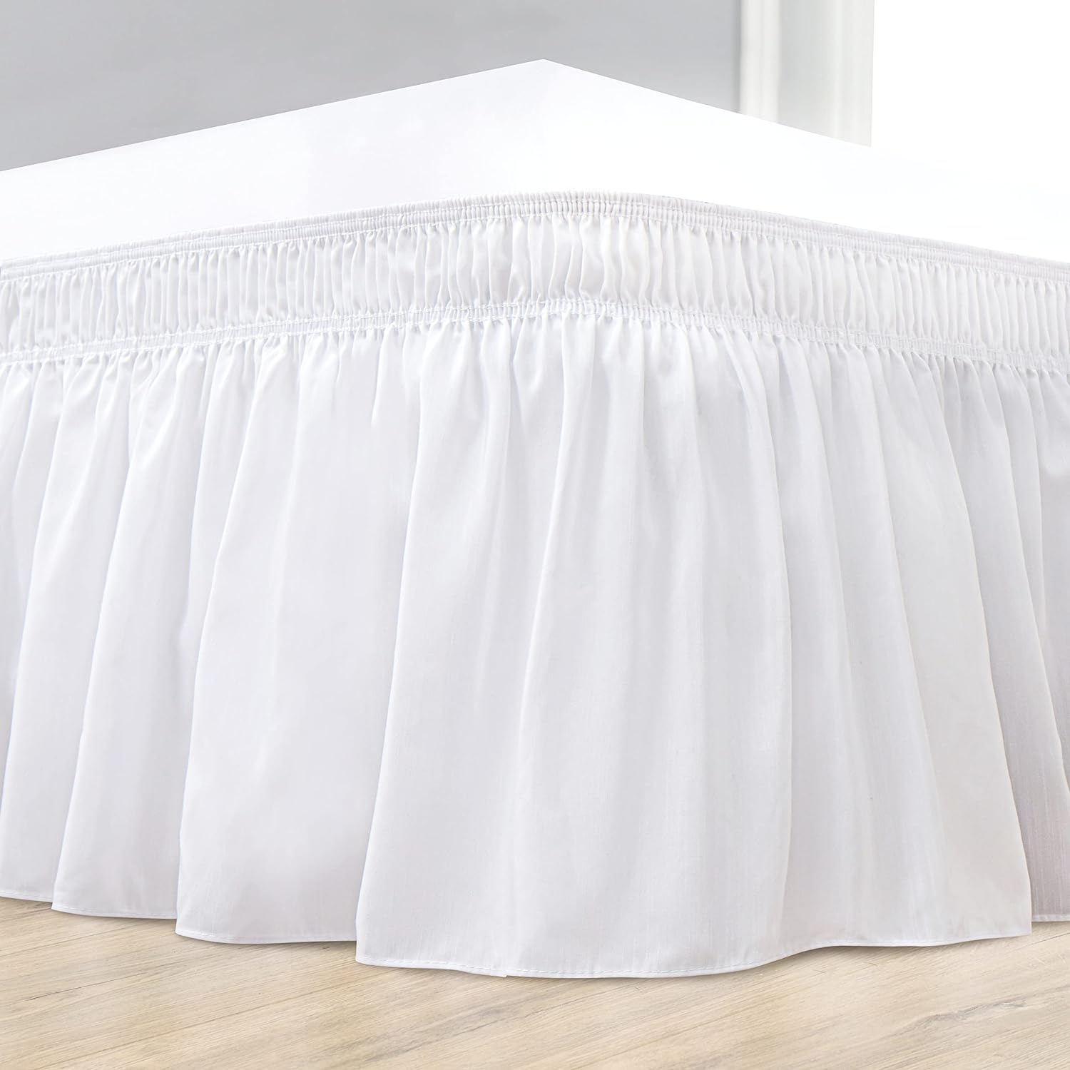 BiscaynWrap Around Bed Skirts for Queen Beds 15" Drop, White Adjustable Elastic Dust Ruffles Easy Fit Wrinkle &amp; Fade Resistant Silky Luxurious Fabric Machine Washable