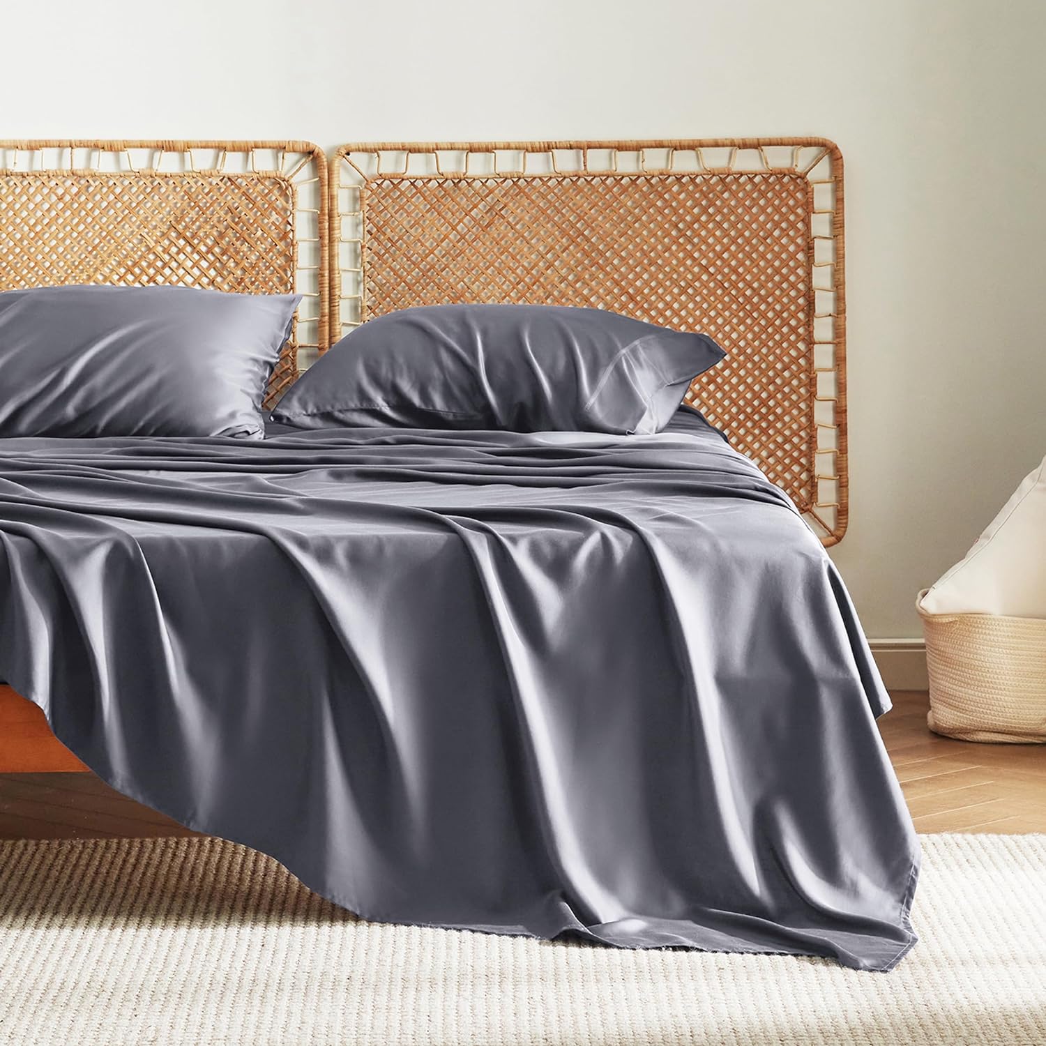 Bedsure Queen Sheets, Rayon Derived from Bamboo, Queen Cooling Sheet Set, Deep Pocket Up to 16", Breathable &amp; Soft Bed Sheets, Hotel Luxury Silky Bedding Sheets &amp; Pillowcases, Dark Grey