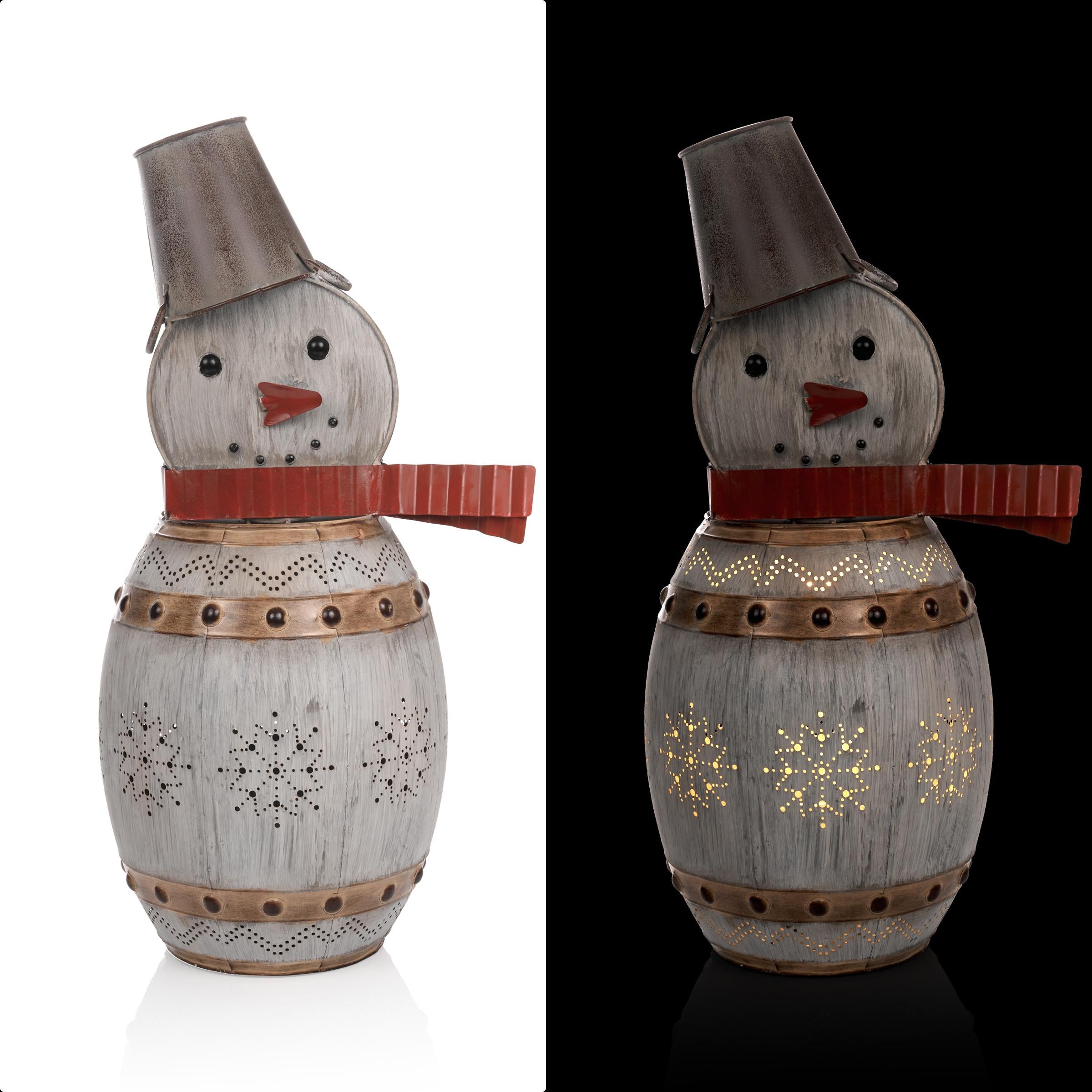 Alpine Corporation Metallic Barreled Snowman With Warm White LED Lights