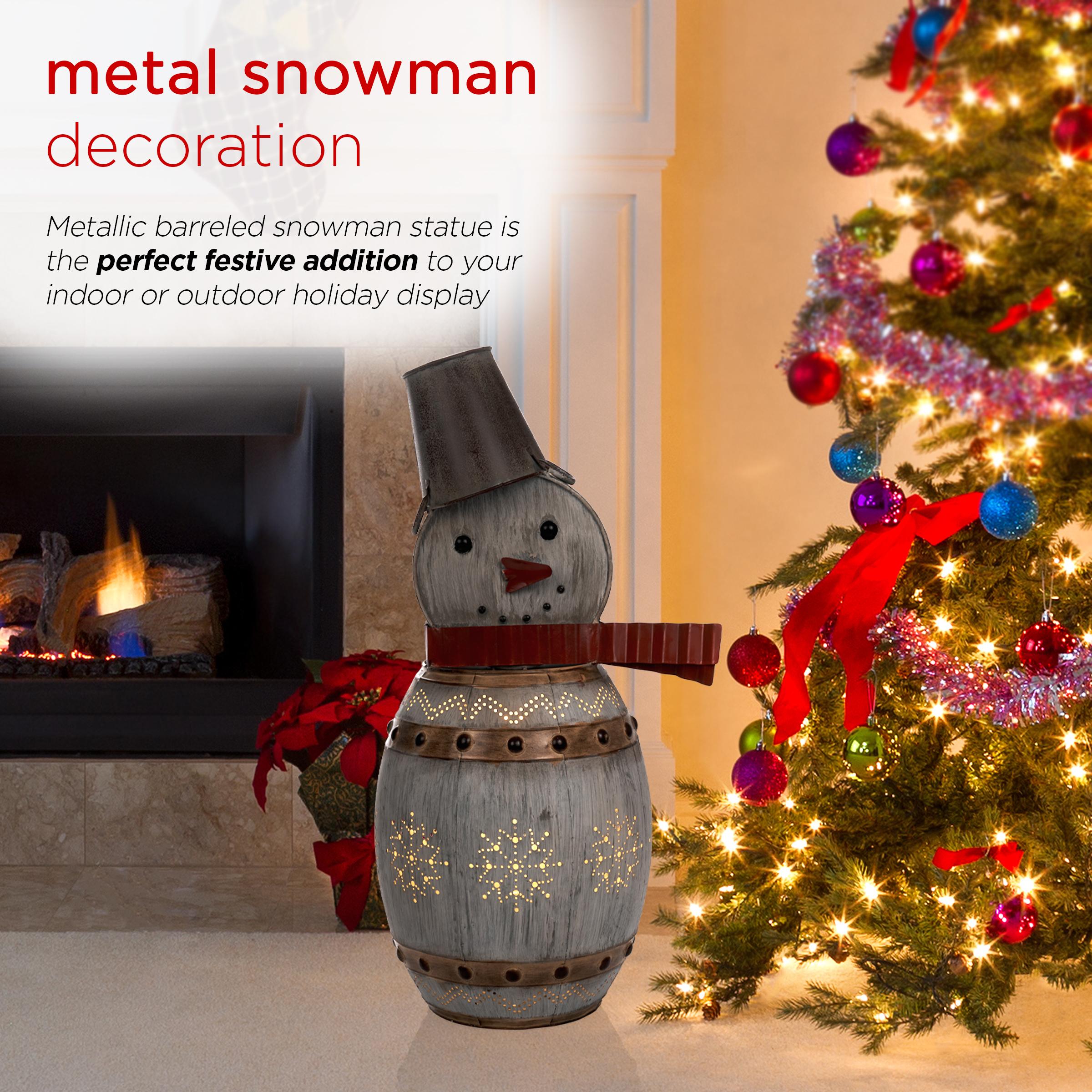 Alpine Corporation Metallic Barreled Snowman With Warm White LED Lights