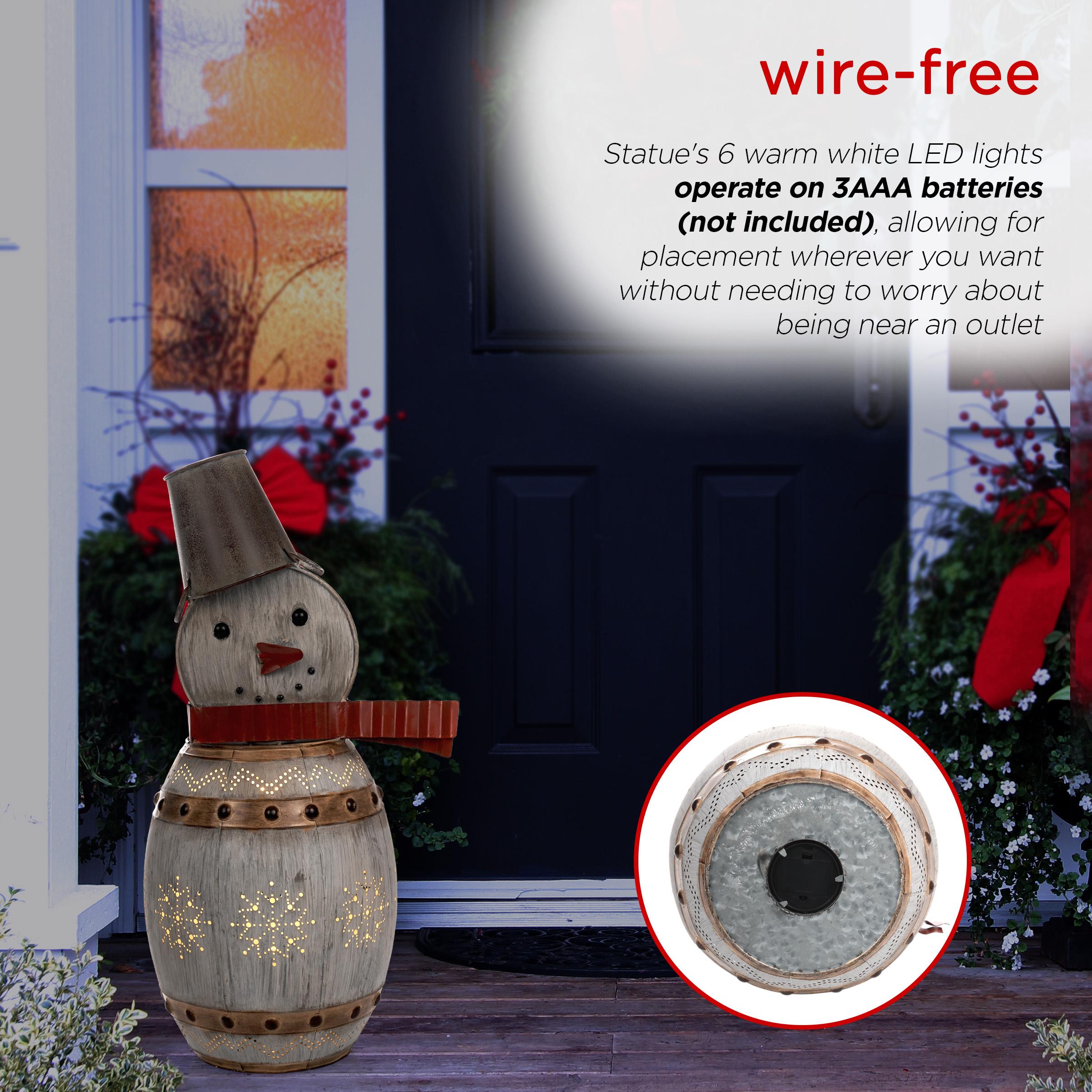 Alpine Corporation Metallic Barreled Snowman With Warm White LED Lights