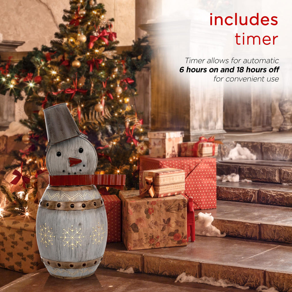 Alpine Corporation Metallic Barreled Snowman With Warm White LED Lights