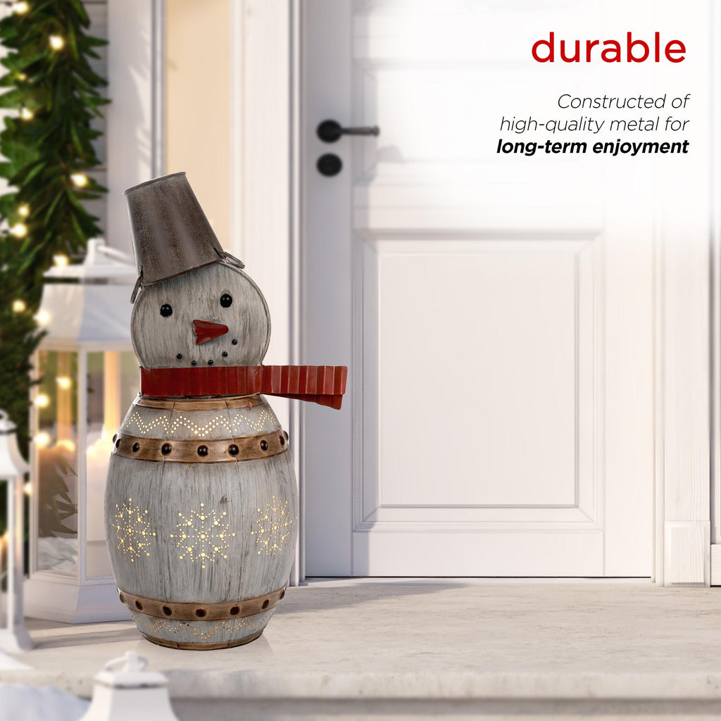 Alpine Corporation Metallic Barreled Snowman With Warm White LED Lights