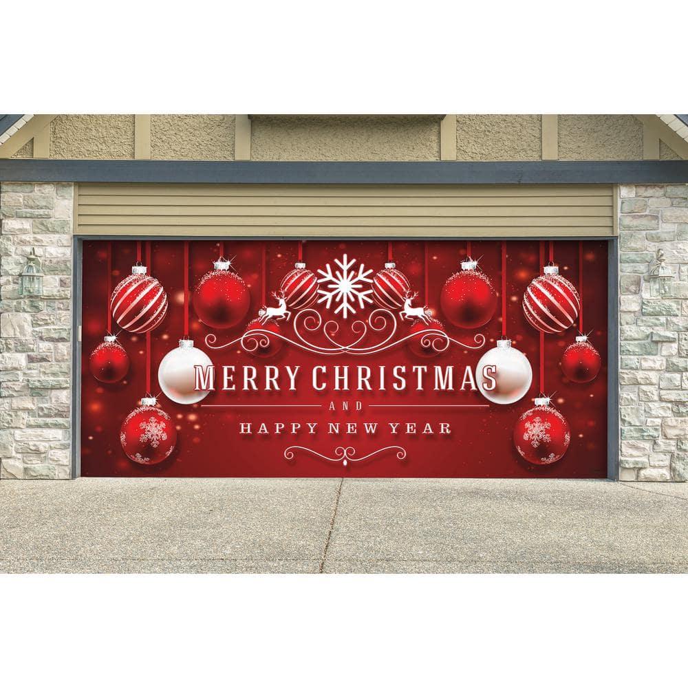 7 ft. x 16 ft. Red Ornaments in Snow Christmas GaraDoor Decor Mural for Double Car Garage