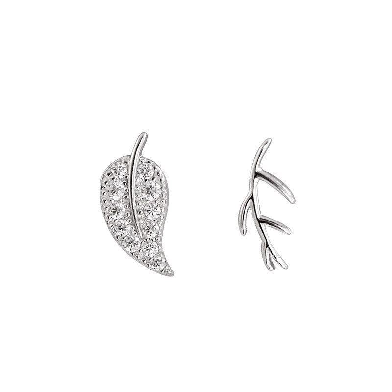 asymmetry cz leaf branch 925 sterling silver stud earrings