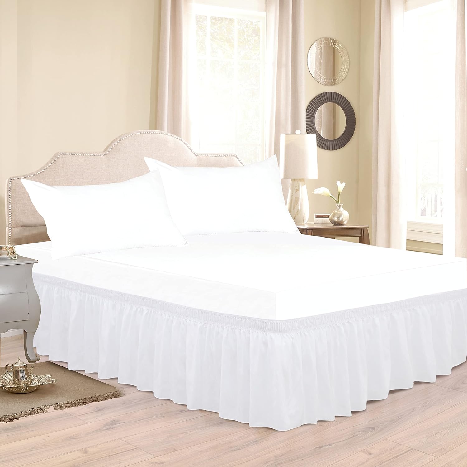 BiscaynWrap Around Bed Skirts for Queen Beds 15" Drop, White Adjustable Elastic Dust Ruffles Easy Fit Wrinkle &amp; Fade Resistant Silky Luxurious Fabric Machine Washable