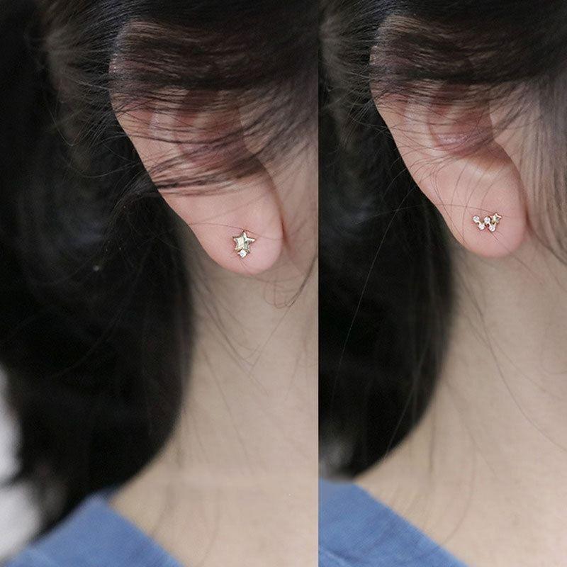 asymmetry mini stars cz 925 sterling silver stud earrings