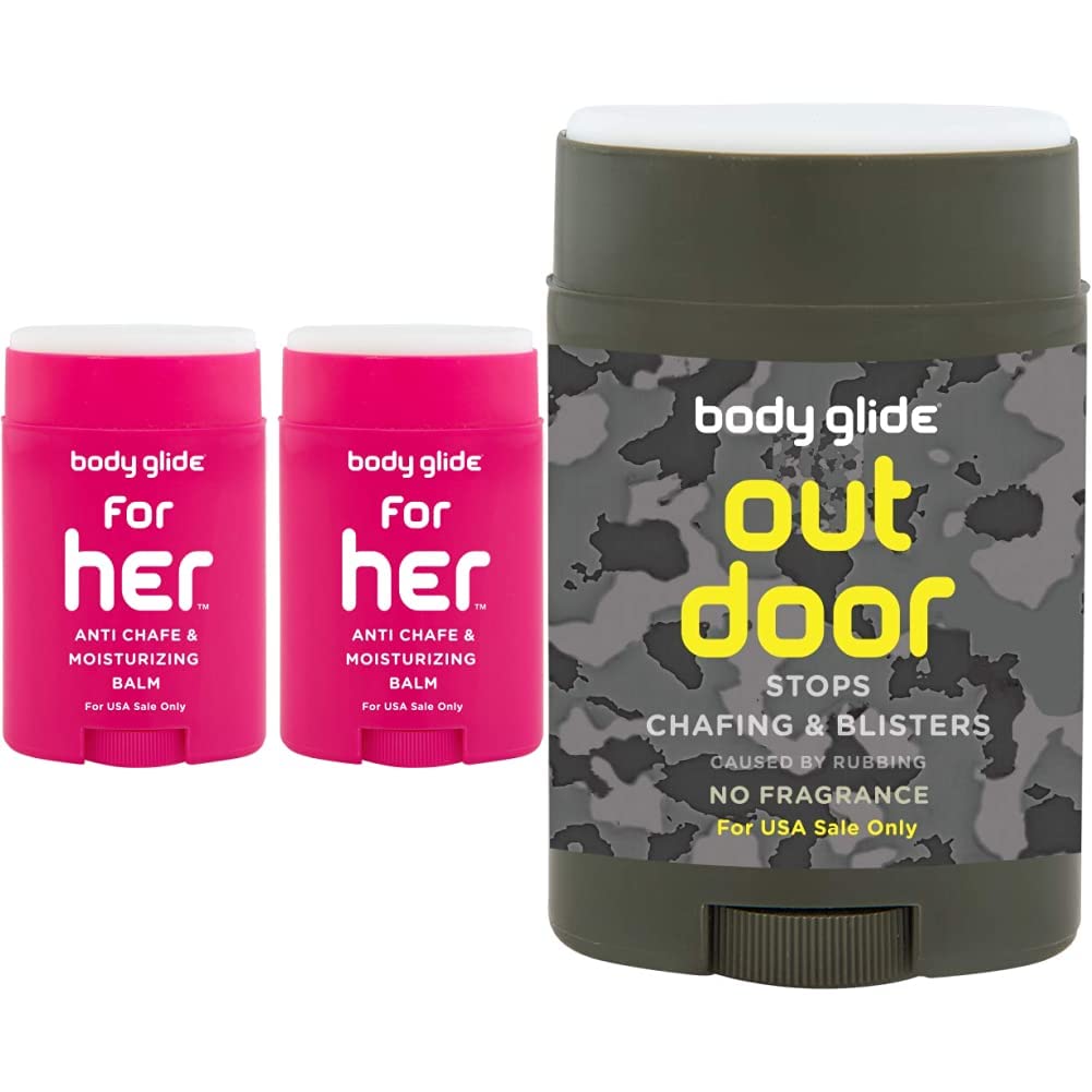 BodyGlide For Her Anti Chafe Balm: anti chafing stick with added emollients &amp; Body Glide Outdoor Anti Chafe Balm. Fragrance free anti chafing stick trusted in basic training