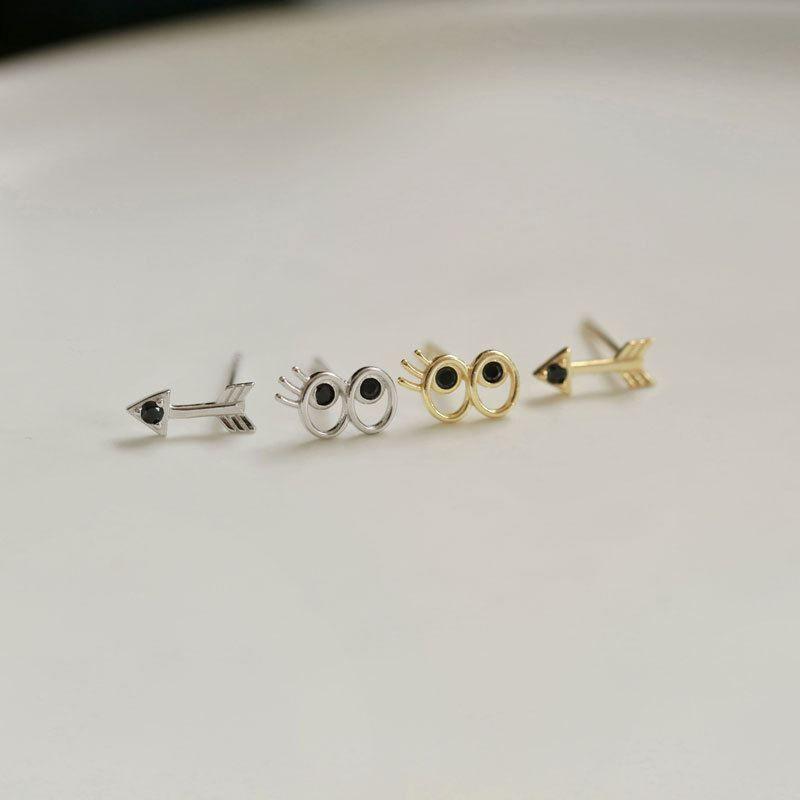asymmetry arrow black eye 925 sterling silver stud earrings