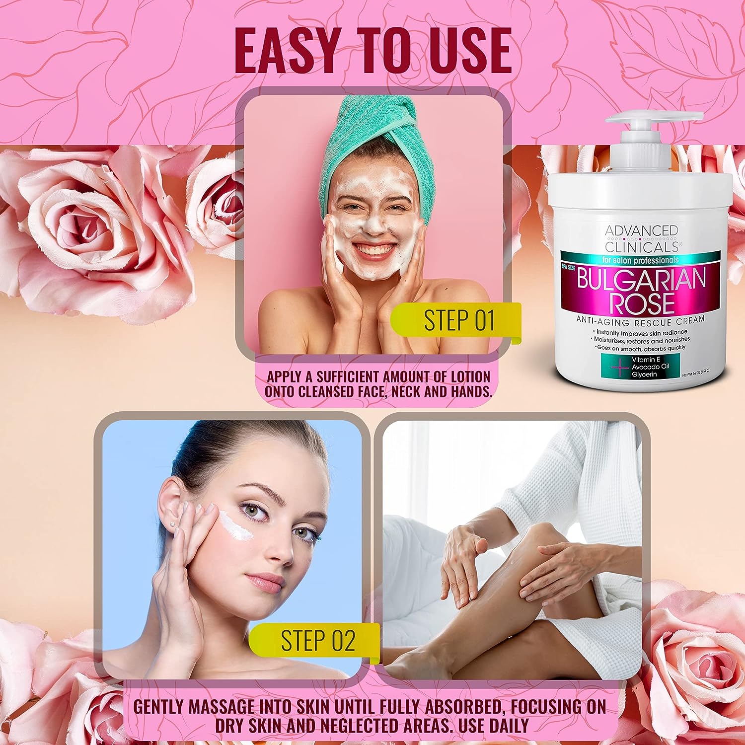 Advanced Clinicals Bulgarian Rose Rescue Cream, Anti-Aging Face &amp; Body Moisturizer for Dry Skin, 16 Oz