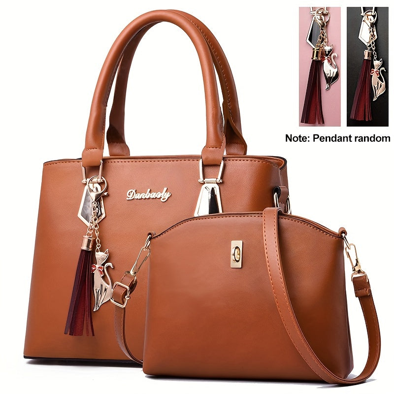 2pcs PU Leather Bag Set, Tassel Decor Handbag &amp; Crossbody Bag, Women's Office &amp; Work Purse