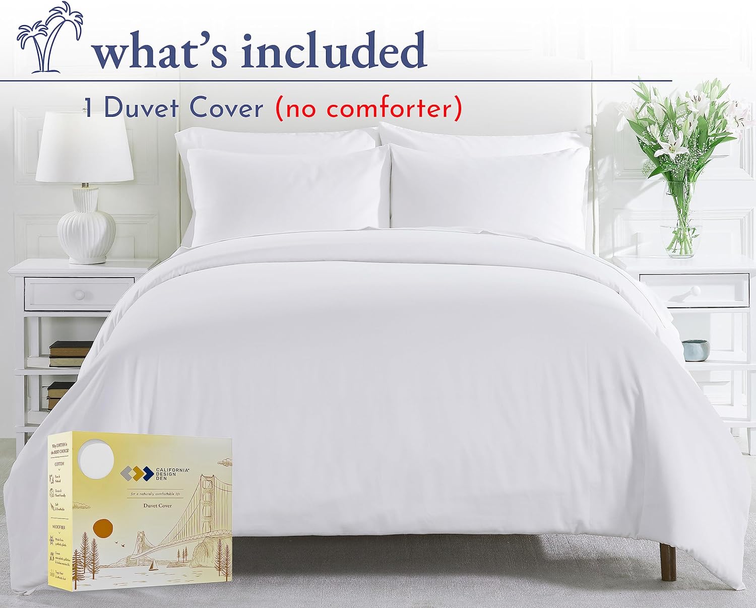 California  Den Cotton Duvet Cover - Premium 400 Thread Count Comforter Cover, Soft Sateen Weave, Button Closure and Corner Ties (1 Piece, Pure White, Queen)